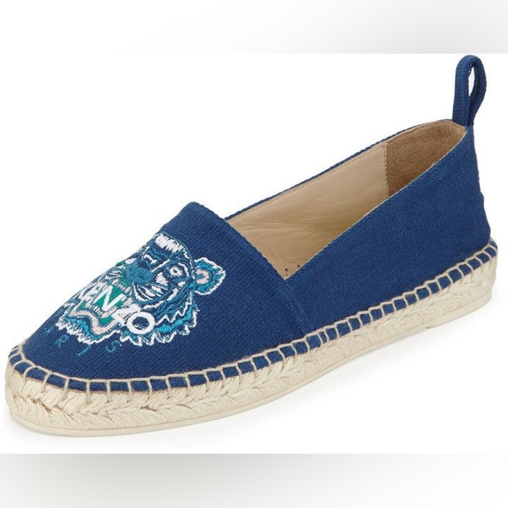Kenzo Tiger-Embroidered Canvas Espadrille Flat, Bleu Marine - size 7.5